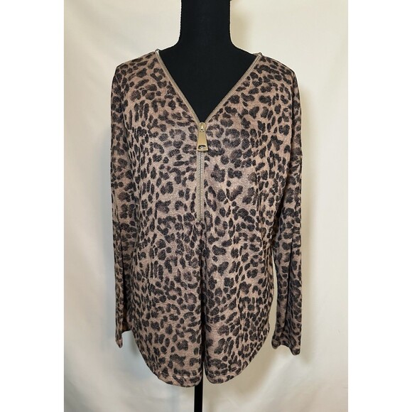 Soft Surroundings Brown Leopard Valentina Zip Sweater Women's MEDIUM - Picture 2 of 11